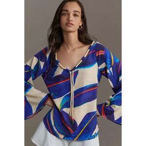 Farm Rio Long-Sleeve Rope-Tie Linen Blouse